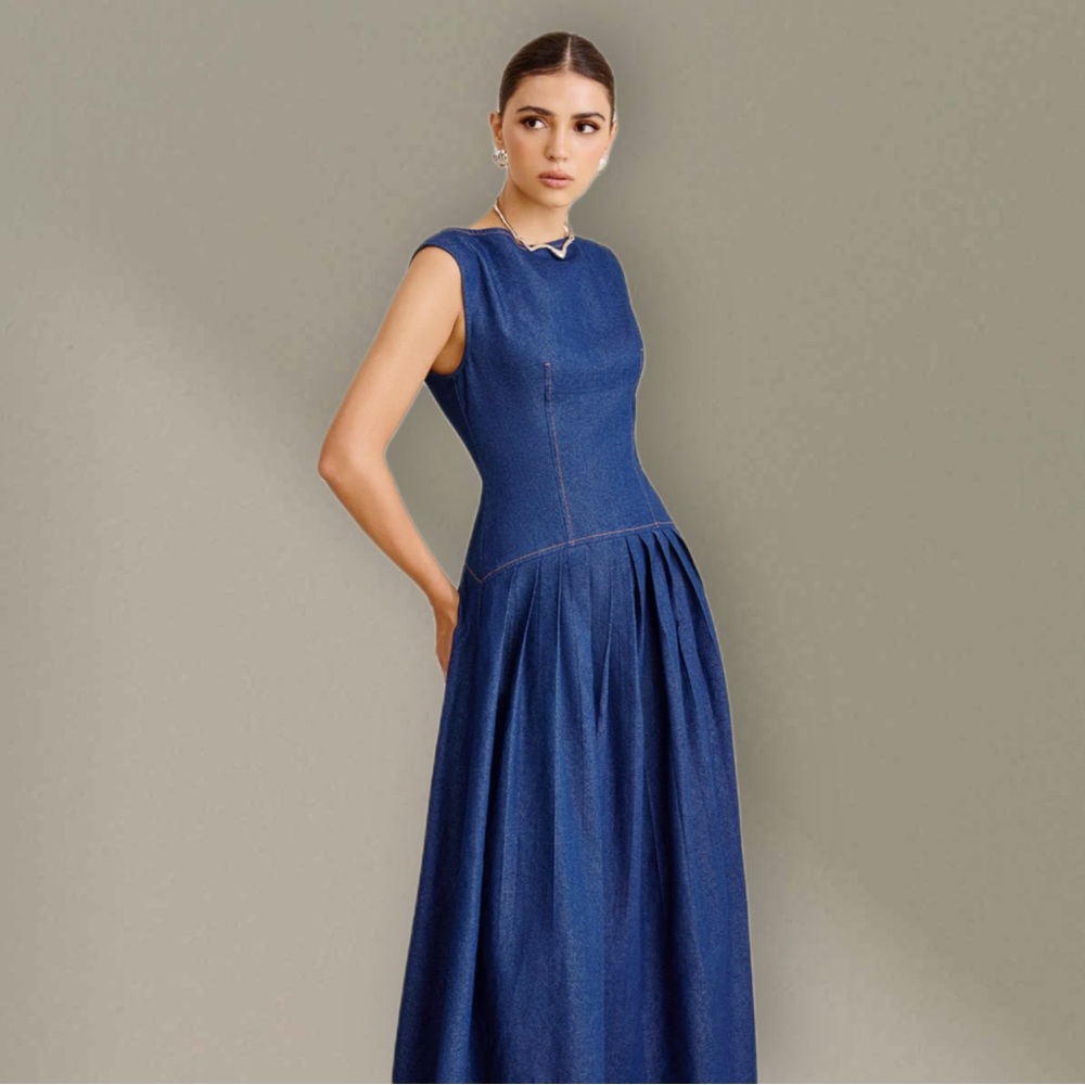 NWT Commense Faux Denim Sleeveless Pleated Maxi Dress XS - M SOLD OUT - Picture 3 of 8